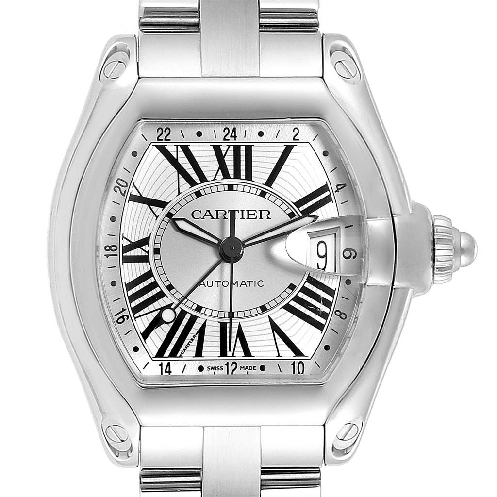 The Cartier Roadster W62032X6 Men's Stainless Steel Silver Dial W62032X6 Men's Stainless Steel Silver Dial watch is shown from a front view, highlighting its dial, case, and part of the bracelet.