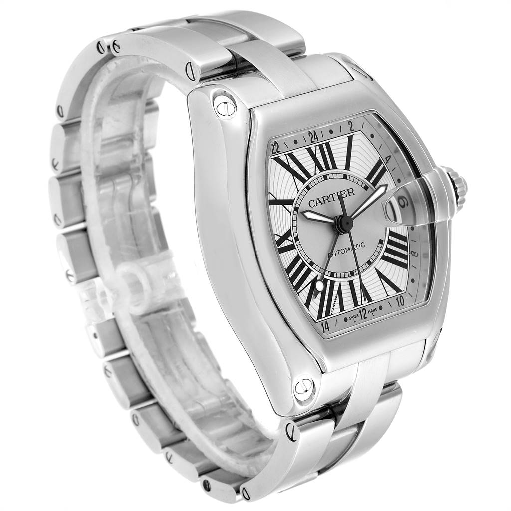 The Cartier Roadster W62032X6 Men's Stainless Steel Silver Dial W62032X6 Men's Stainless Steel Silver Dial watch is shown at a slight side angle, highlighting its face, bezel, and bracelet details.