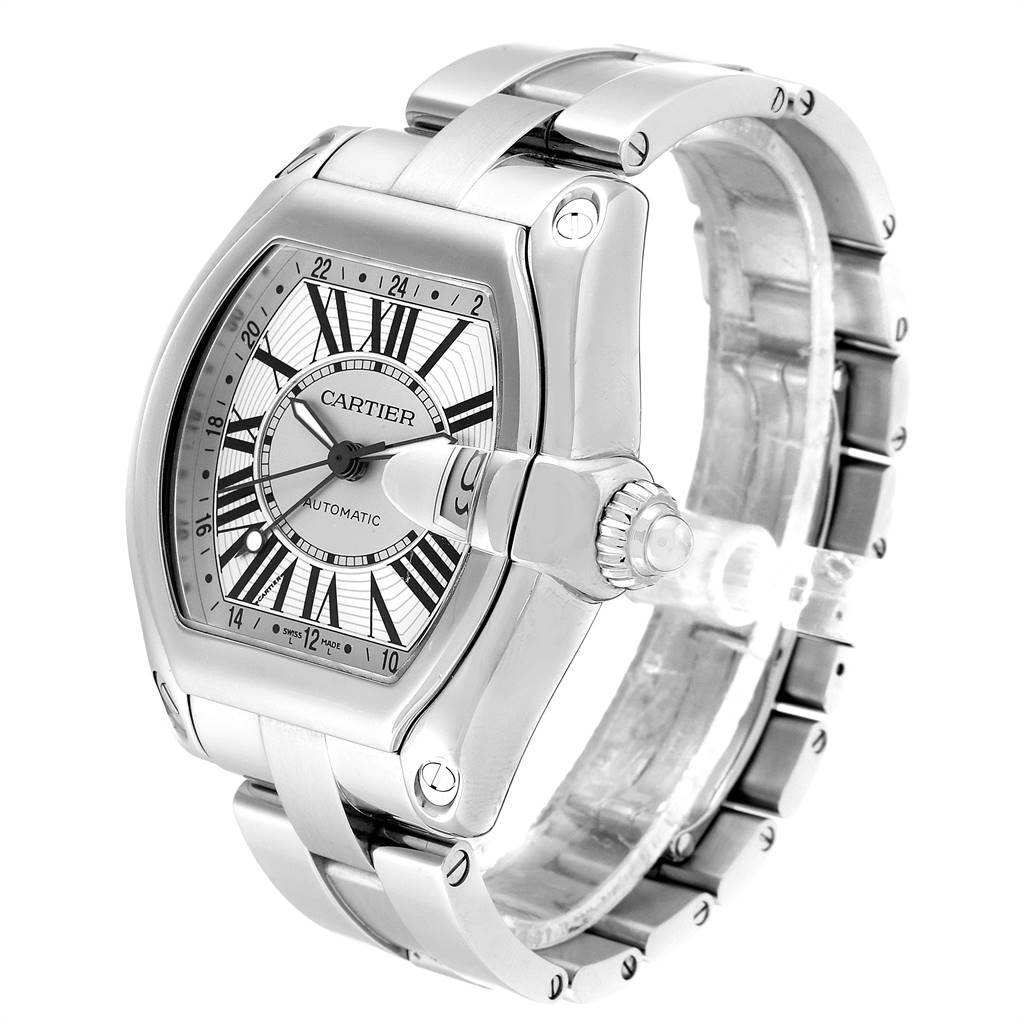 The Cartier Roadster W62032X6 Men's Stainless Steel Silver Dial W62032X6 Men's Stainless Steel Silver Dial watch is shown at a three-quarter angle displaying its face, bezel, crown, and metal bracelet.