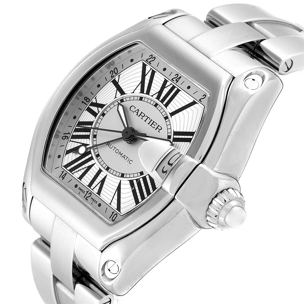 This image shows a Cartier Roadster W62032X6 Men's Stainless Steel Silver Dial W62032X6 Men's Stainless Steel Silver Dial watch viewed from an angled close-up, highlighting the dial, bezel, and part of the bracelet.