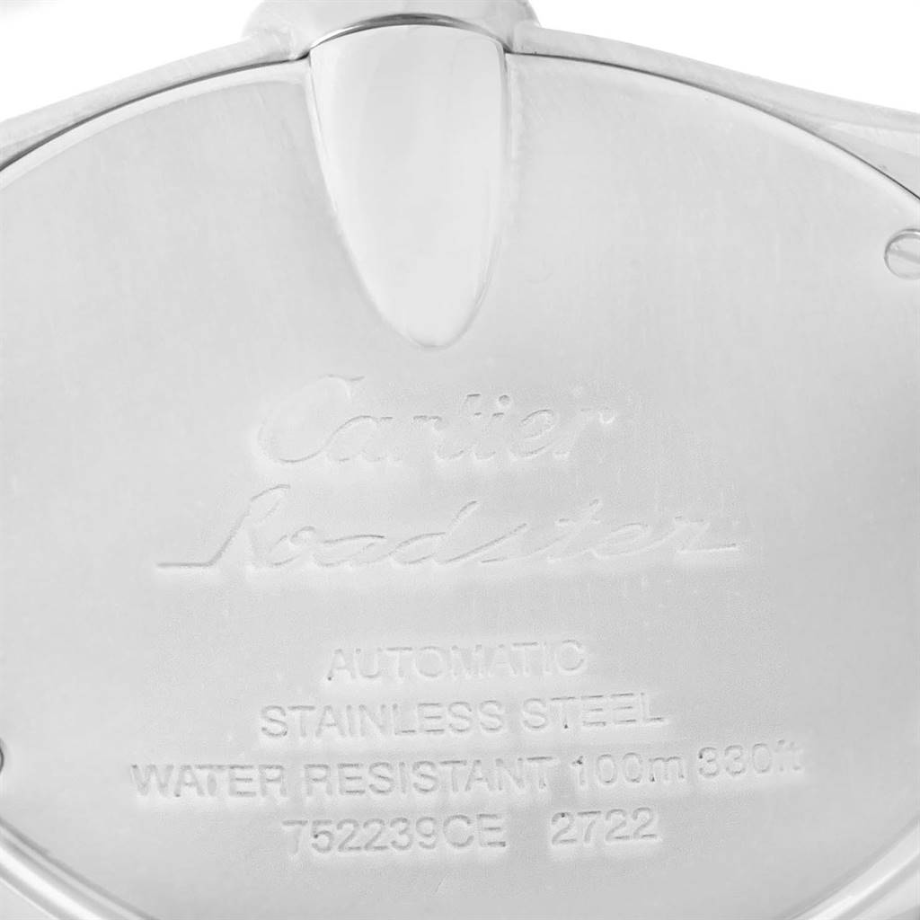 This image shows the back case of a Cartier Roadster W62032X6 Men's Stainless Steel Silver Dial W62032X6 Men's Stainless Steel Silver Dial watch, highlighting the brand, model, and specifications.