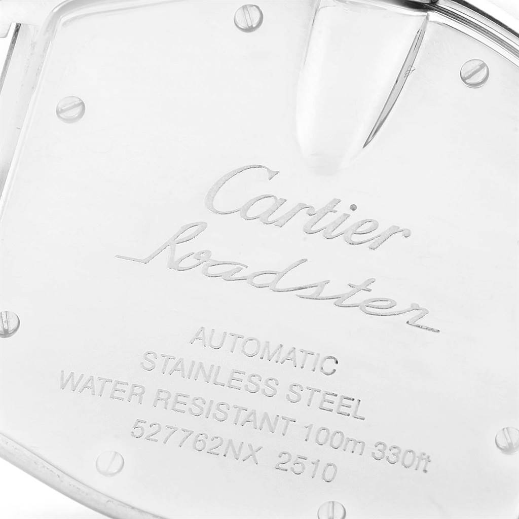 This is a close-up view of the back of a Cartier Roadster W62031Y4 Men's Steel and Gold (two tone) Black Dial W62031Y4 Men's Steel and Gold (two tone) Black Dial watch showing the engraved details.