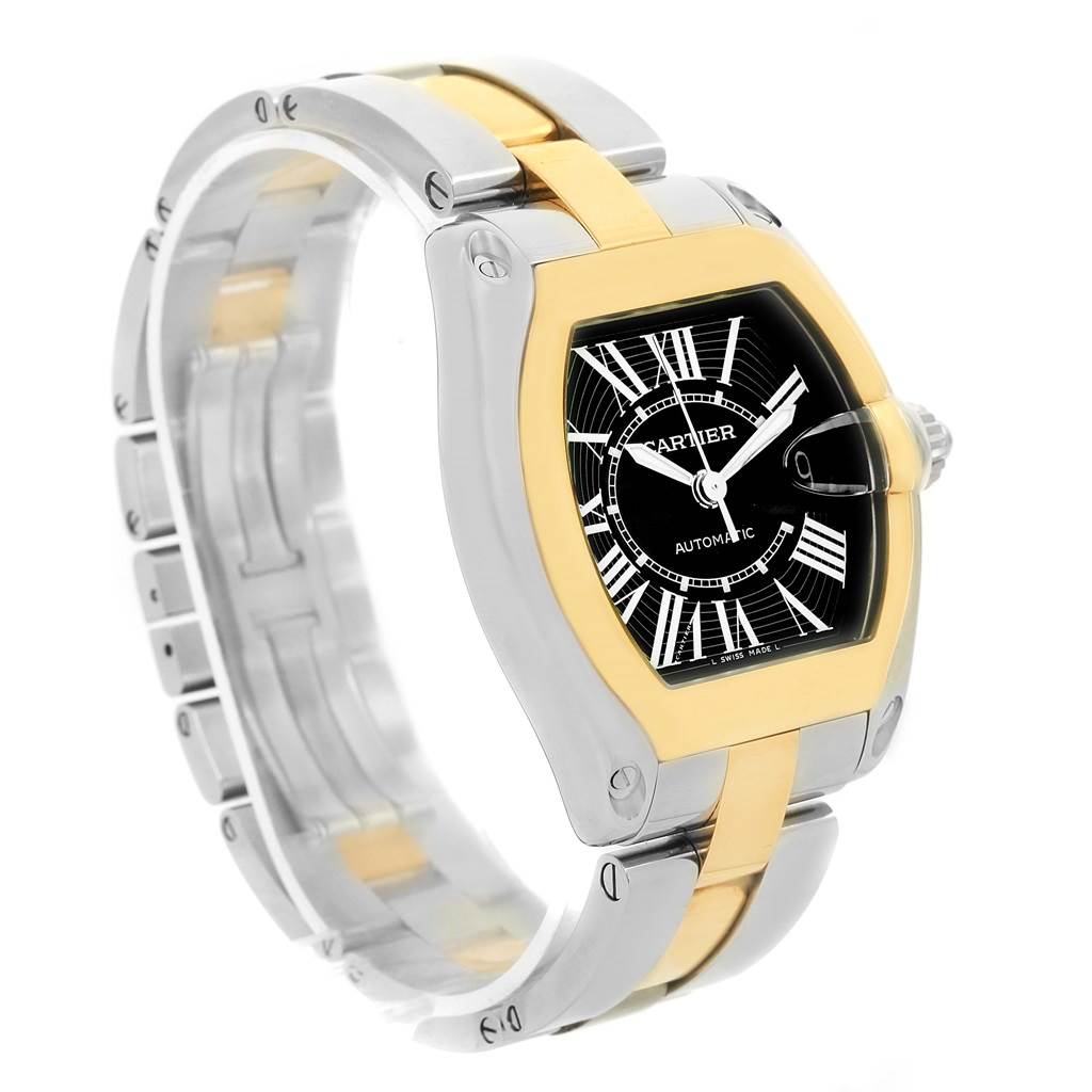 The Cartier Roadster W62031Y4 Men's Steel and Gold (two tone) Black Dial W62031Y4 Men's Steel and Gold (two tone) Black Dial watch is shown at a three-quarter angle, displaying the face, bezel, and bracelet clearly.