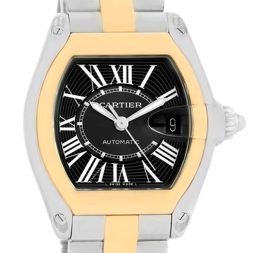 The image shows a front view of the Cartier Roadster W62031Y4 Men's Steel and Gold (two tone) Black Dial W62031Y4 Men's Steel and Gold (two tone) Black Dial model watch, highlighting its face, bezel, and part of the bracelet.