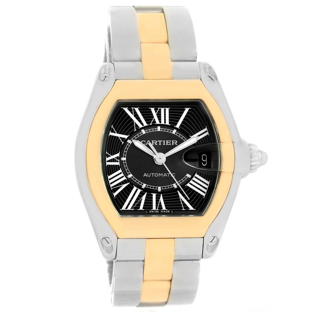 This image shows the front view of a Cartier Roadster W62031Y4 Men's Steel and Gold (two tone) Black Dial W62031Y4 Men's Steel and Gold (two tone) Black Dial watch, highlighting the face, bezel, and bracelet.