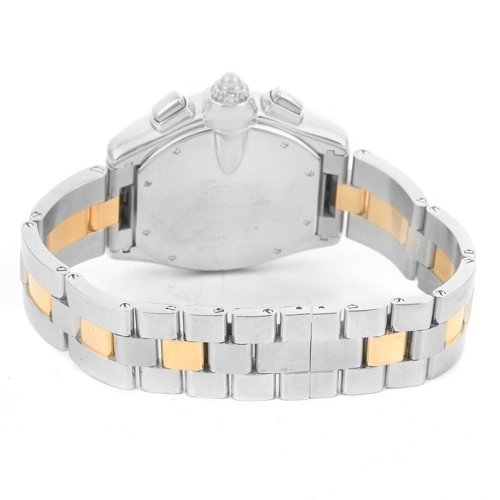 This image shows the back view of a Cartier Roadster W62027Z1 Men's Steel and Gold (two tone) Silver Dial W62027Z1 Men's Steel and Gold (two tone) Silver Dial watch, highlighting its case and bi-metal bracelet.