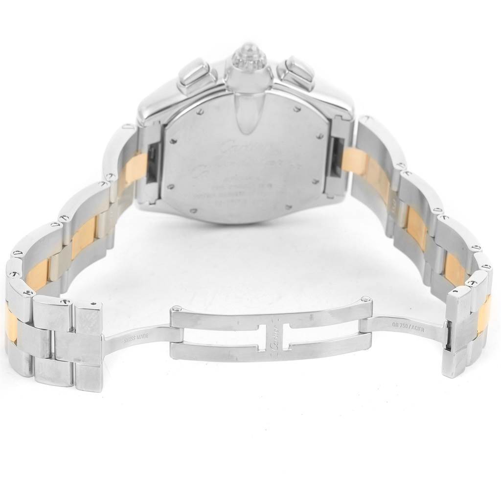 This image shows the case back and open bracelet with clasp of a Cartier Roadster W62027Z1 Men's Steel and Gold (two tone) Silver Dial W62027Z1 Men's Steel and Gold (two tone) Silver Dial watch from a rear angle.