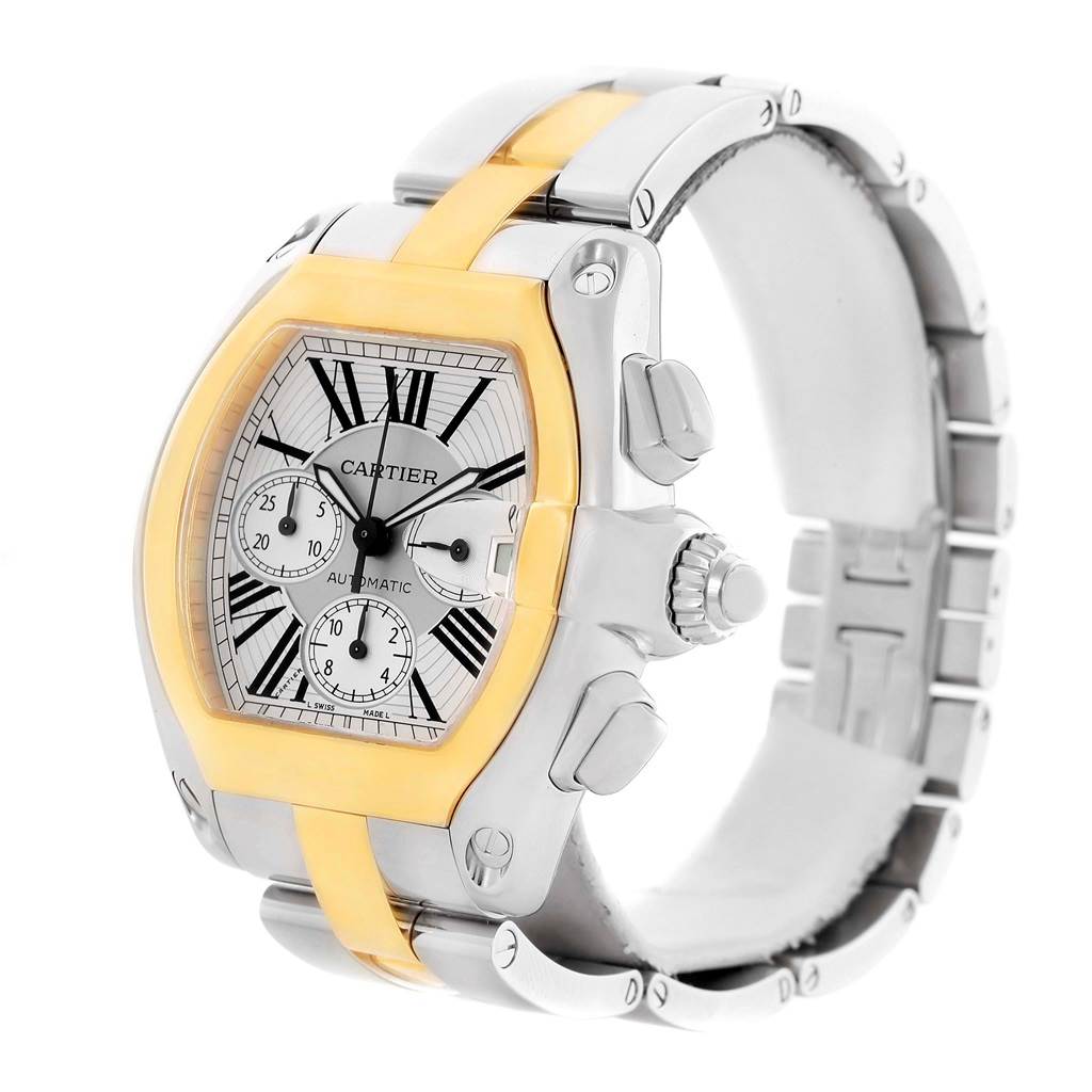 The image shows a Cartier Roadster W62027Z1 Men's Steel and Gold (two tone) Silver Dial W62027Z1 Men's Steel and Gold (two tone) Silver Dial watch at a 3/4 angle, highlighting the face, bezel, crown, and part of the bracelet.