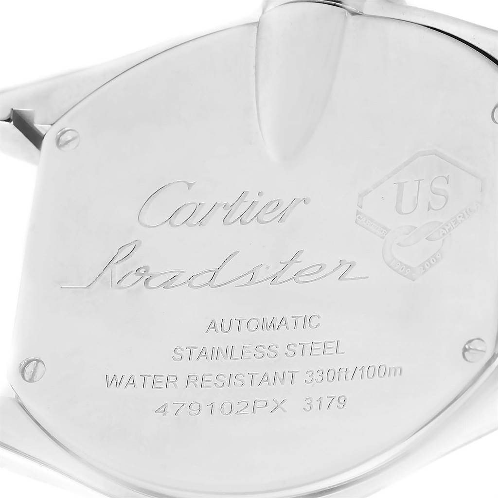 The image shows the back case of a Cartier Roadster W6206012 Men
s Stainless Steel Blue Dial W6206012 Men
s Stainless Steel Blue Dial watch, highlighting engraved details about its features.