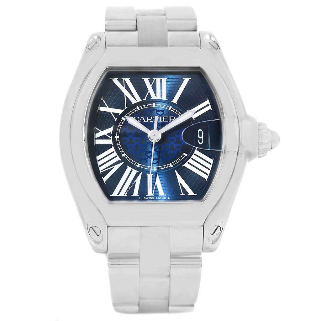 The image shows a Cartier Roadster W6206012 Men
s Stainless Steel Blue Dial W6206012 Men
s Stainless Steel Blue Dial watch from a frontal angle, highlighting the face, case, crown, and part of the bracelet.