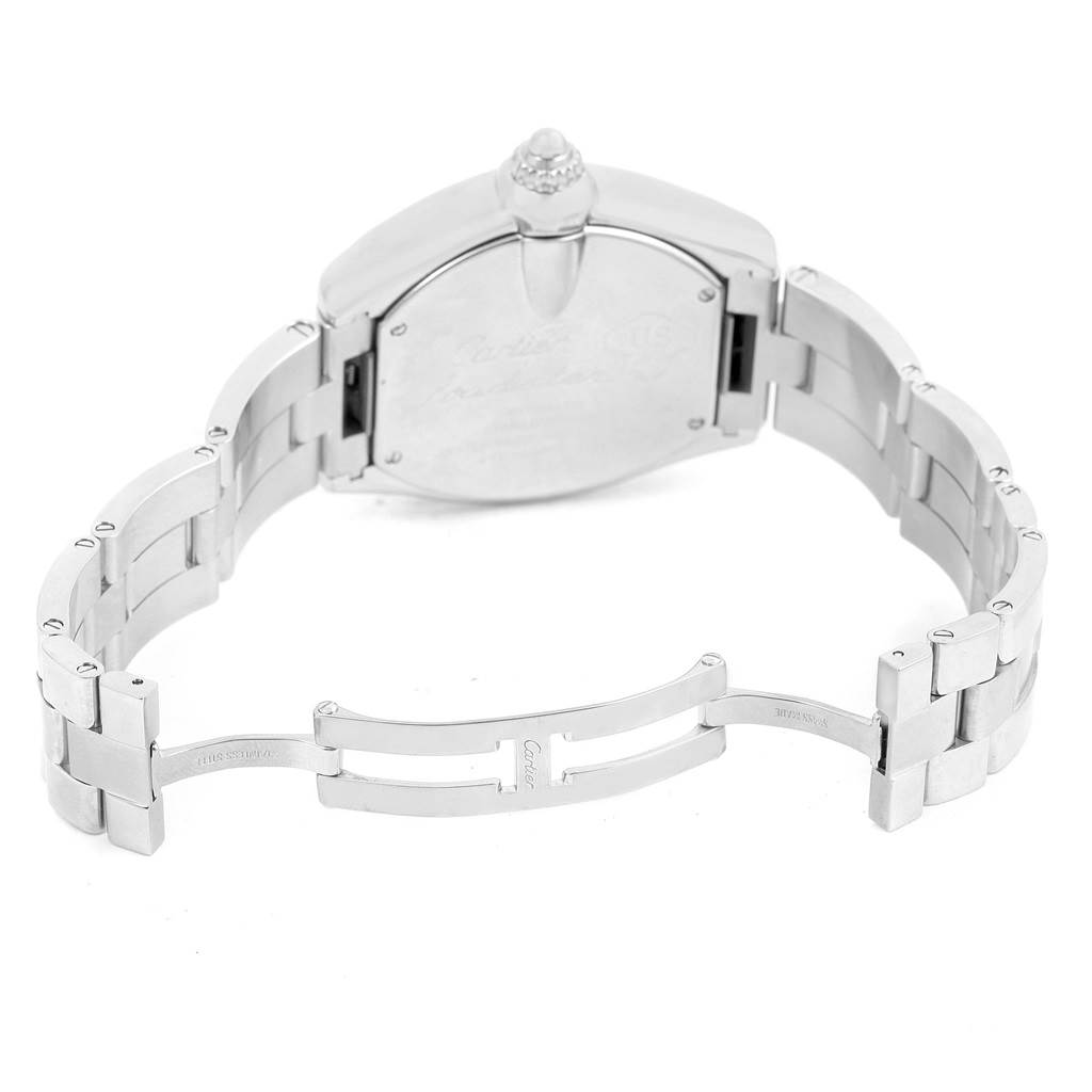 The image shows the back side and bracelet of the Cartier Roadster W6206012 Men
s Stainless Steel Blue Dial W6206012 Men
s Stainless Steel Blue Dial watch, highlighting the clasp mechanism and case back.