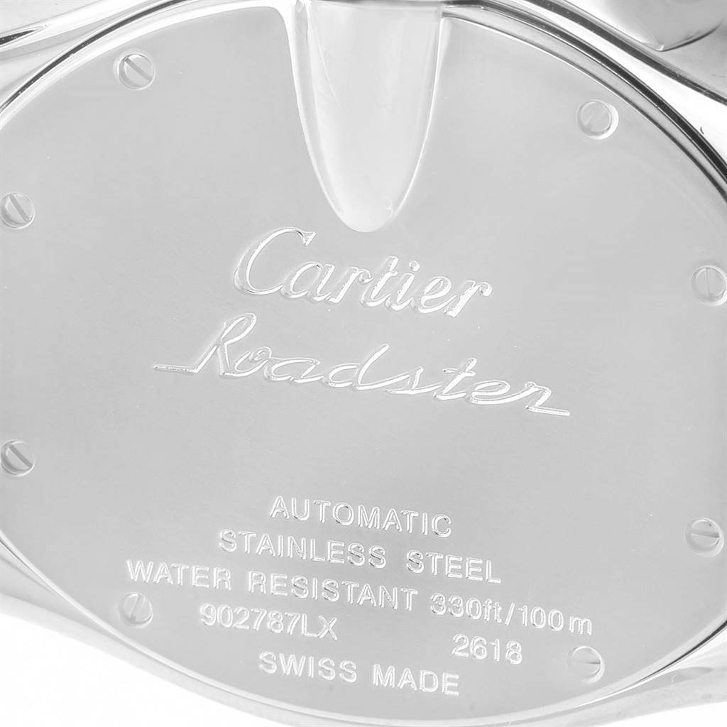 This image shows the back of a Cartier Roadster W62020X6 Men's Stainless Steel Black Dial W62020X6 Men's Stainless Steel Black Dial watch, highlighting its inscriptions and specifications.