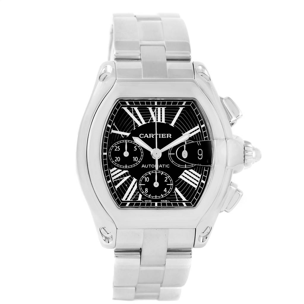 The Cartier Roadster W62020X6 Men's Stainless Steel Black Dial W62020X6 Men's Stainless Steel Black Dial watch is shown from a front angle, highlighting its face, bezel, crown, and metal bracelet.