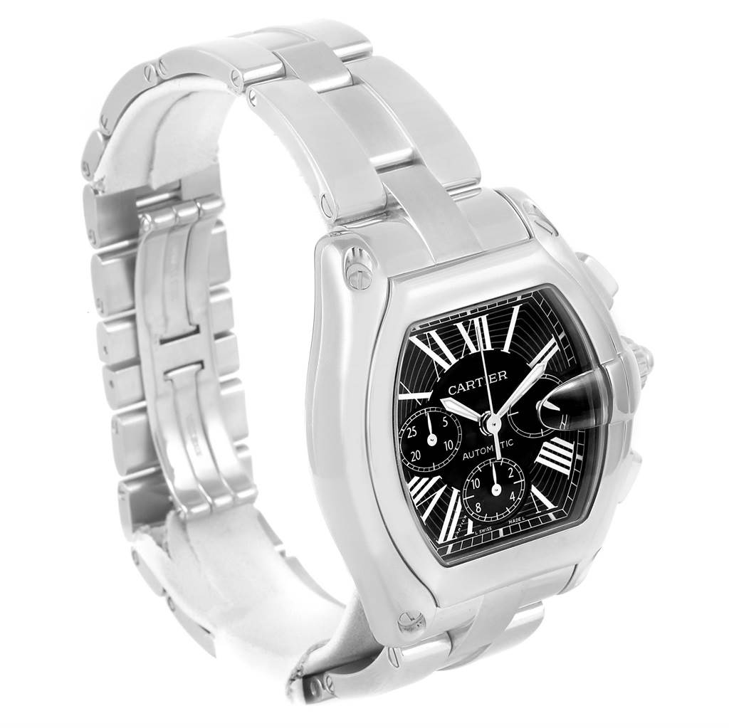 This image shows a Cartier Roadster W62020X6 Men's Stainless Steel Black Dial W62020X6 Men's Stainless Steel Black Dial watch from a left-front angle, highlighting the strap, face, and crown.