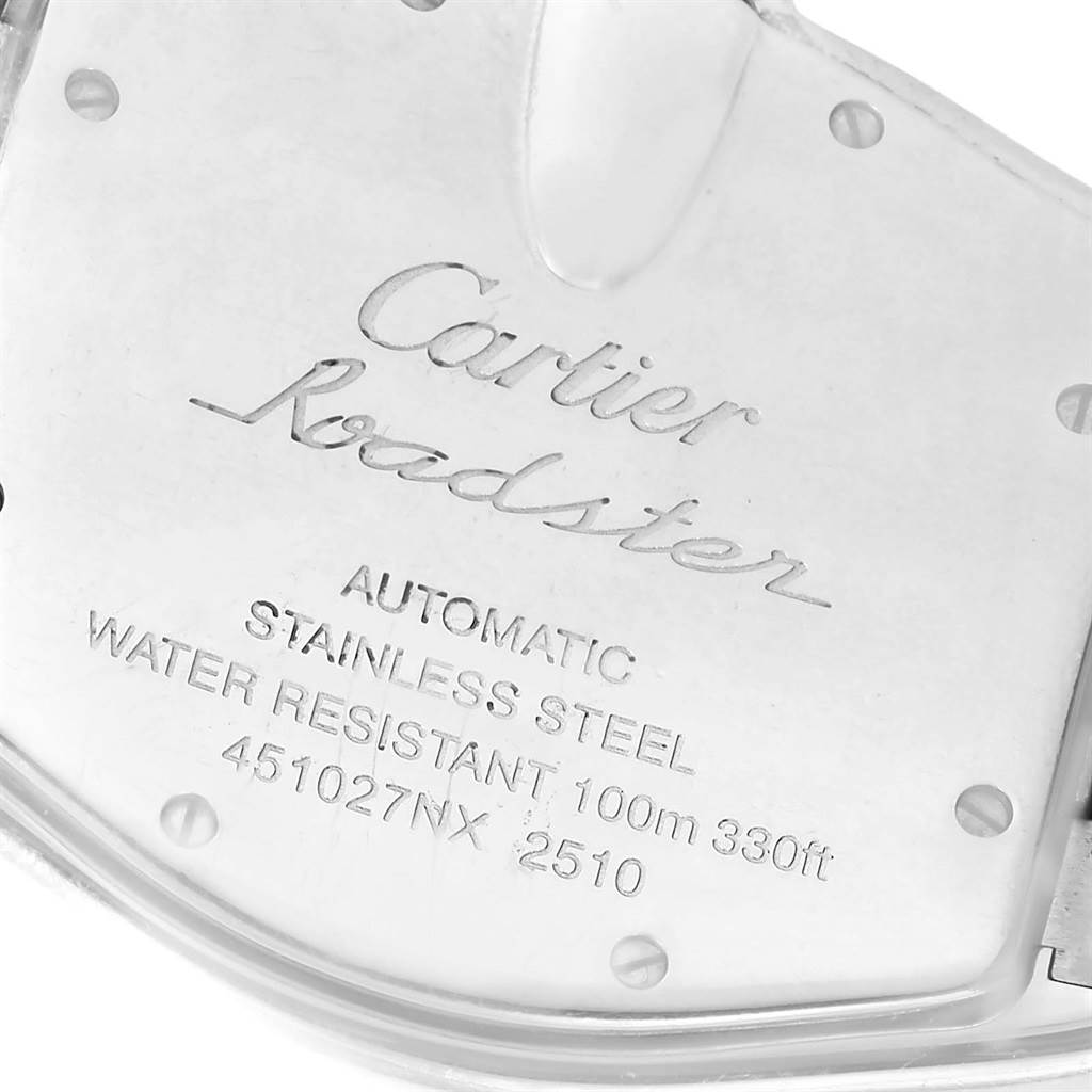 The image shows the back of a Cartier Roadster W62025V3 Men
s Stainless Steel Silver Dial W62025V3 Men
s Stainless Steel Silver Dial watch, detailing its automatic movement, stainless steel material, and water resistance.