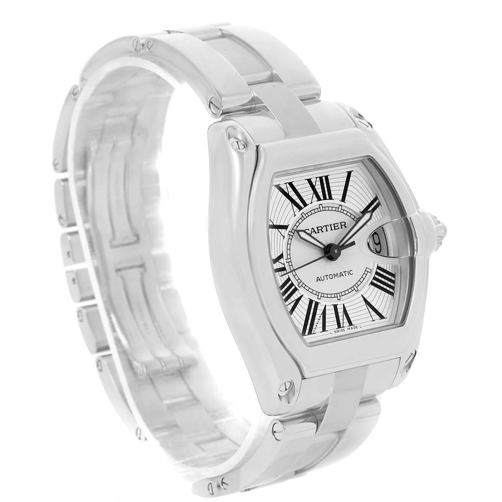 The image shows a Cartier Roadster W62025V3 Men
s Stainless Steel Silver Dial W62025V3 Men
s Stainless Steel Silver Dial model watch from an angled front-left perspective, highlighting the face and bracelet.