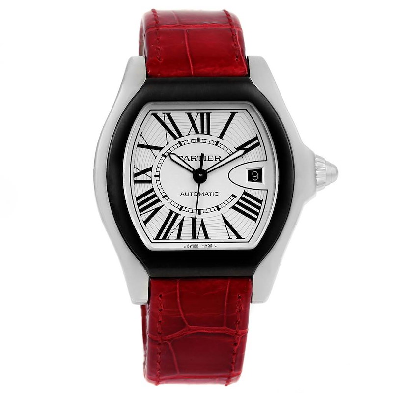Cartier Roadster S Silver Dial Red Strap Steel Unisex Watch W6206018 SwissWatchExpo
