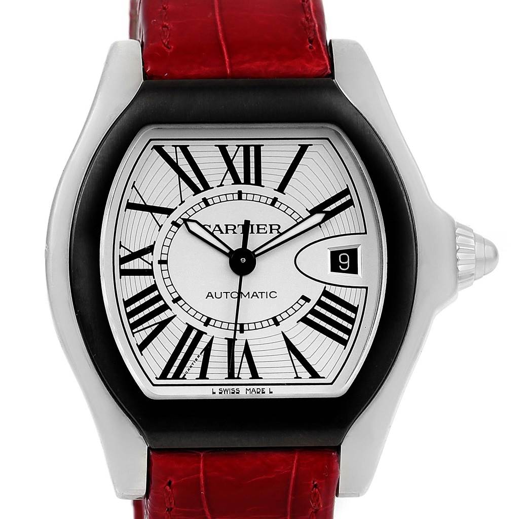 This image shows a Cartier Roadster W6206018 Men
s Stainless Steel Silver Dial W6206018 Men
s Stainless Steel Silver Dial watch from the front, highlighting its dial, bezel, case, crown, and red leather strap.