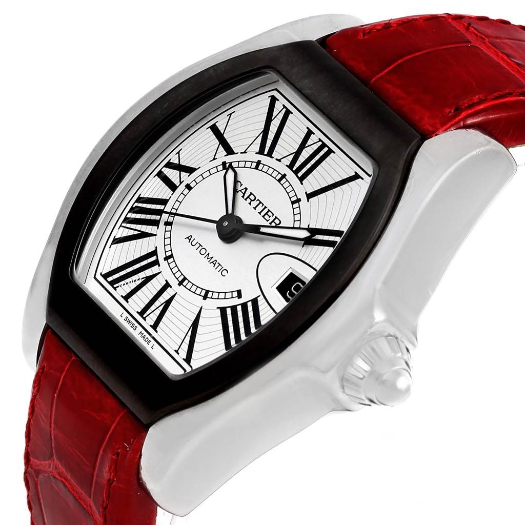 The image shows a Cartier Roadster W6206018 Men
s Stainless Steel Silver Dial W6206018 Men
s Stainless Steel Silver Dial watch at an oblique angle, highlighting the dial, case, and red leather strap.