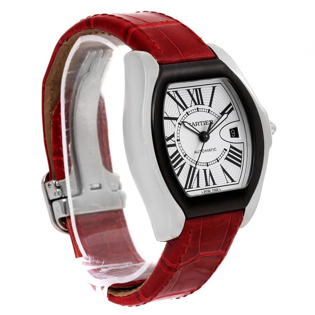 The Cartier Roadster W6206018 Men
s Stainless Steel Silver Dial W6206018 Men
s Stainless Steel Silver Dial watch is shown at an angle highlighting the face, bezel, and red leather strap.