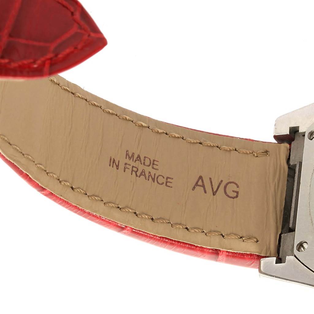 The image shows the underside of the leather strap of a Cartier Roadster W6206018 Men
s Stainless Steel Silver Dial W6206018 Men
s Stainless Steel Silver Dial watch with "Made in France" and "AVG" markings.