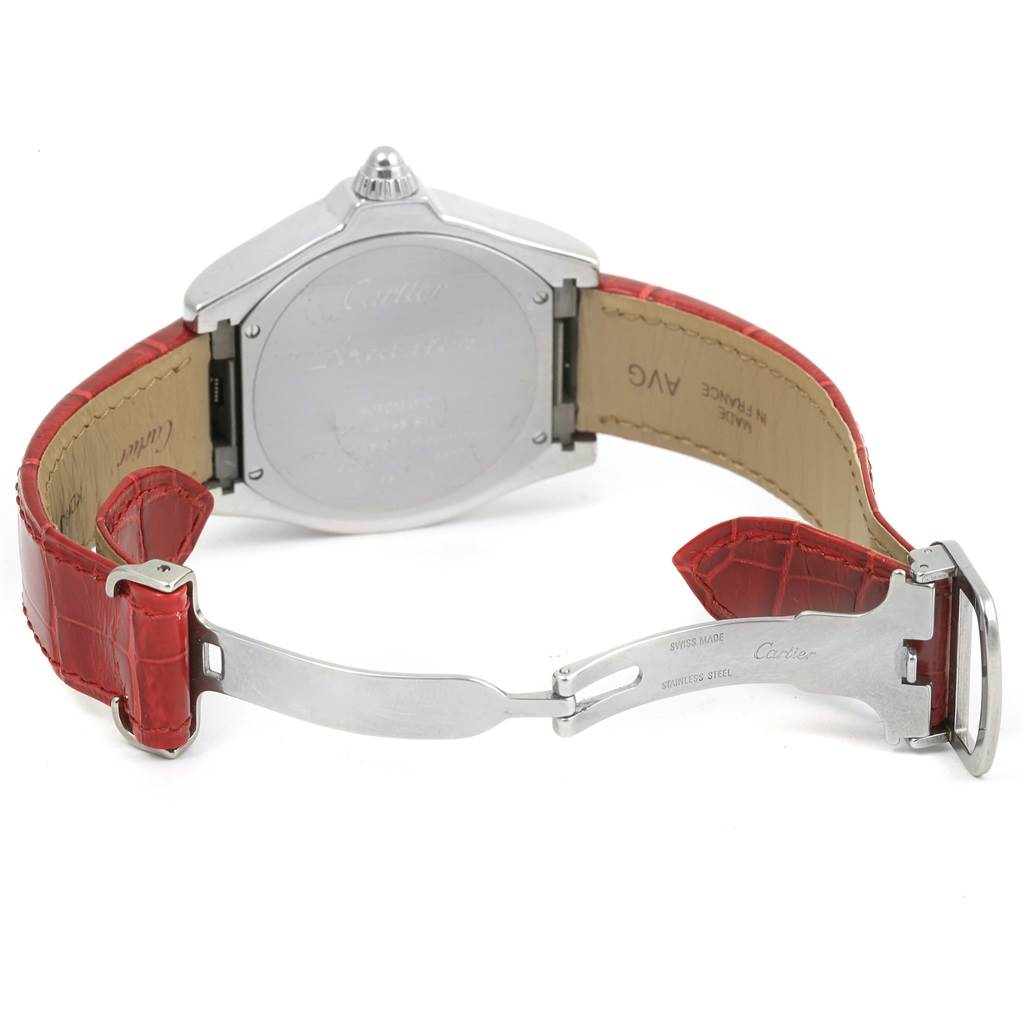 This image shows the back case, crown, and partially opened strap of a Cartier Roadster W6206018 Men
s Stainless Steel Silver Dial W6206018 Men
s Stainless Steel Silver Dial watch from an angled rear view.