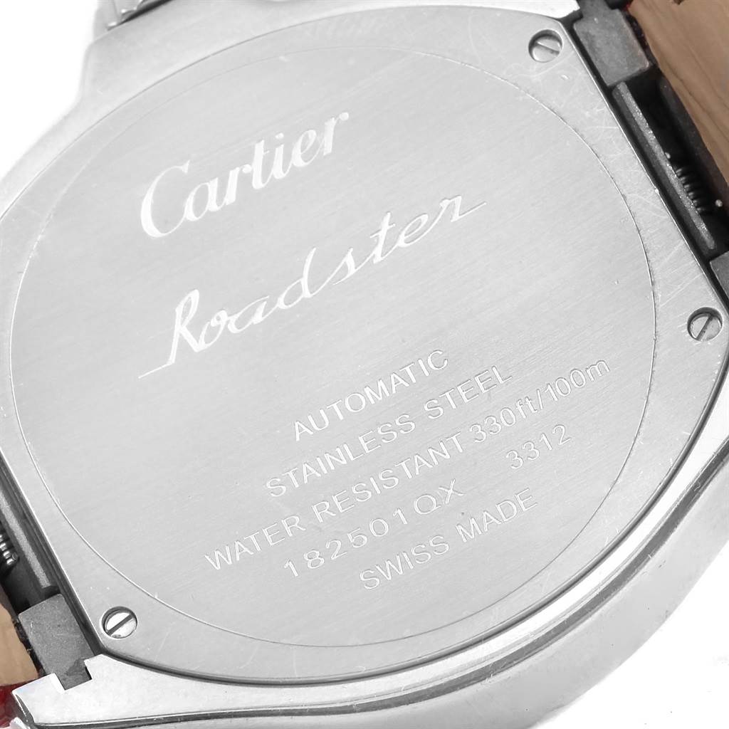 The image shows the case back of a Cartier Roadster W6206018 Men
s Stainless Steel Silver Dial W6206018 Men
s Stainless Steel Silver Dial watch with engraved details and screws visible.