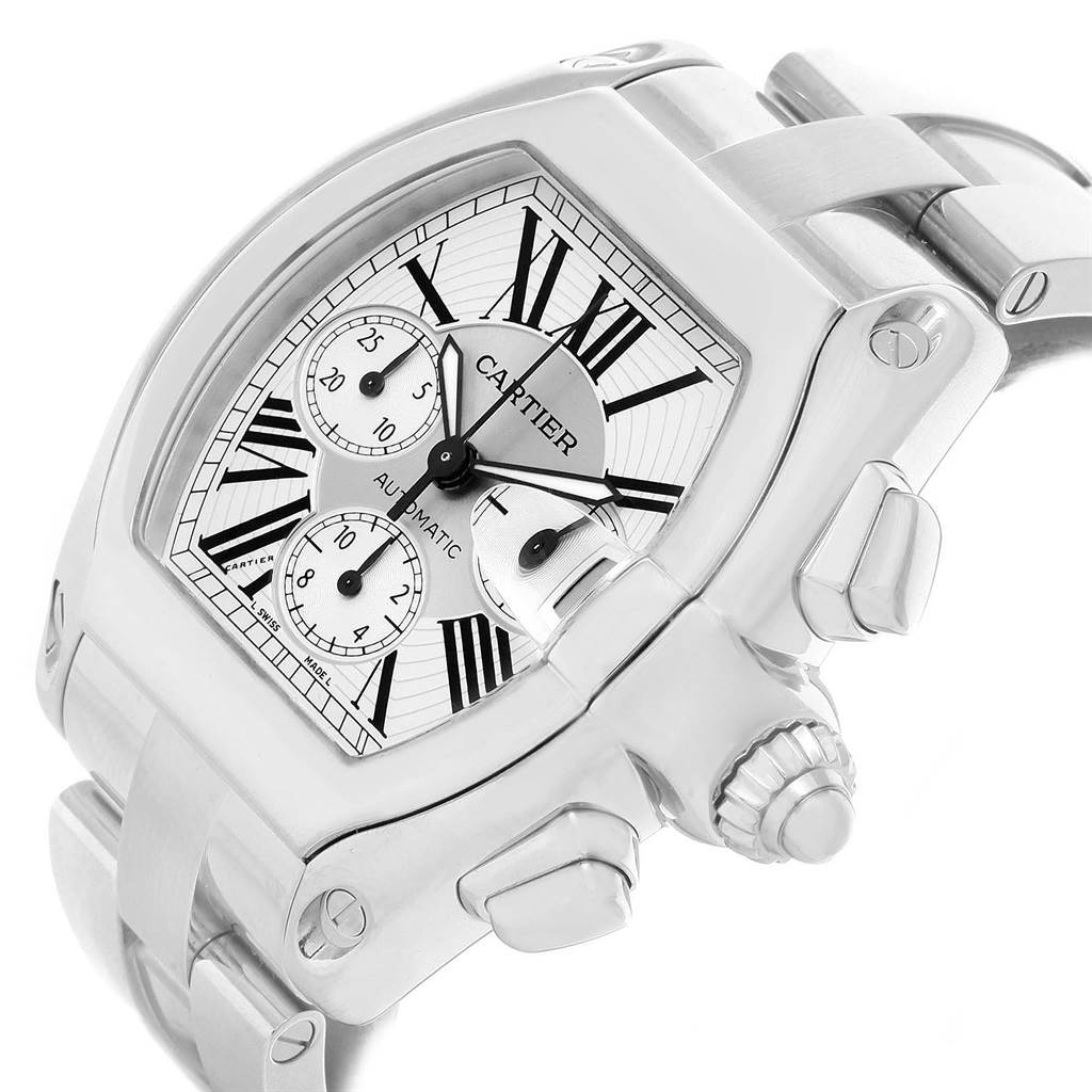The image shows a close-up angled view of the Cartier Roadster W62019X6 Men
s Stainless Steel Silver Dial W62019X6 Men
s Stainless Steel Silver Dial watch, displaying its face, bezel, and part of the bracelet.