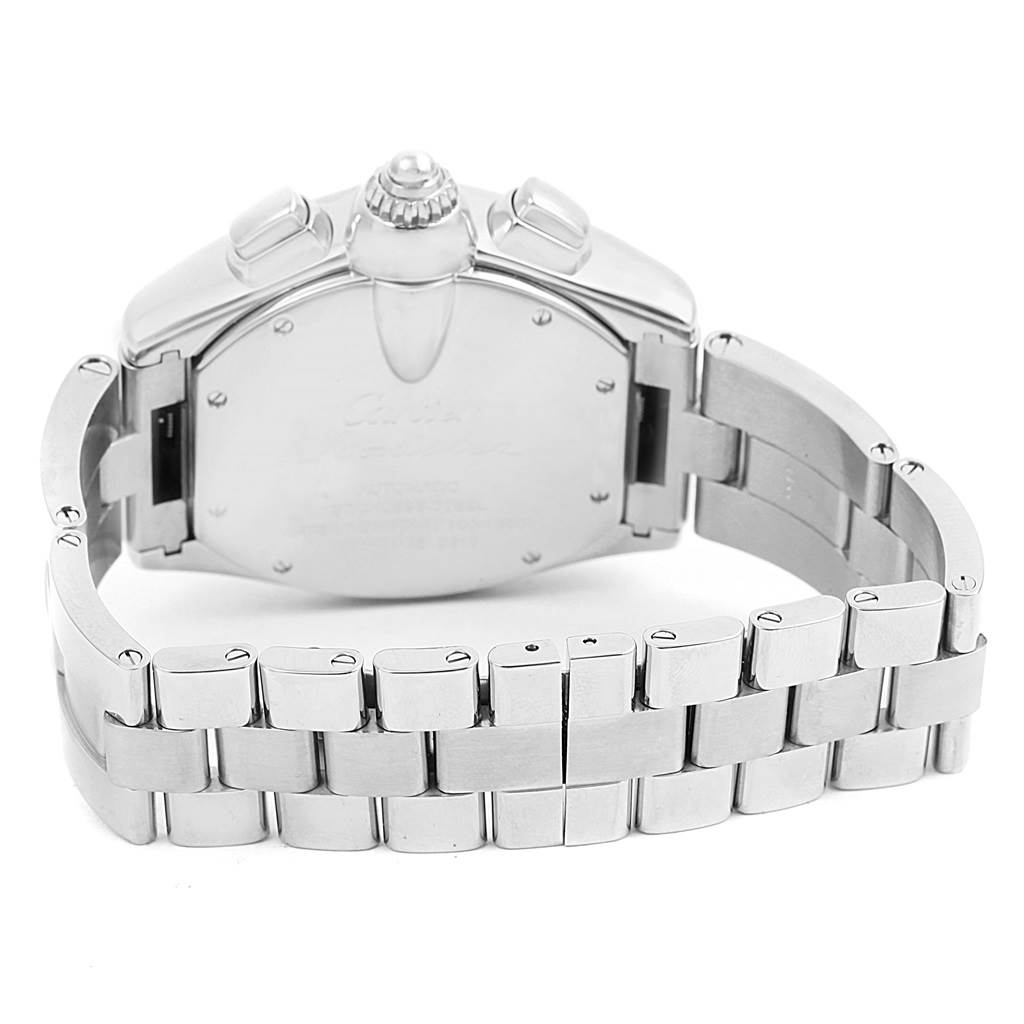 The image shows the backside and bracelet of the Cartier Roadster W62019X6 Men
s Stainless Steel Silver Dial W62019X6 Men
s Stainless Steel Silver Dial watch, showcasing its clasp and links in detail.