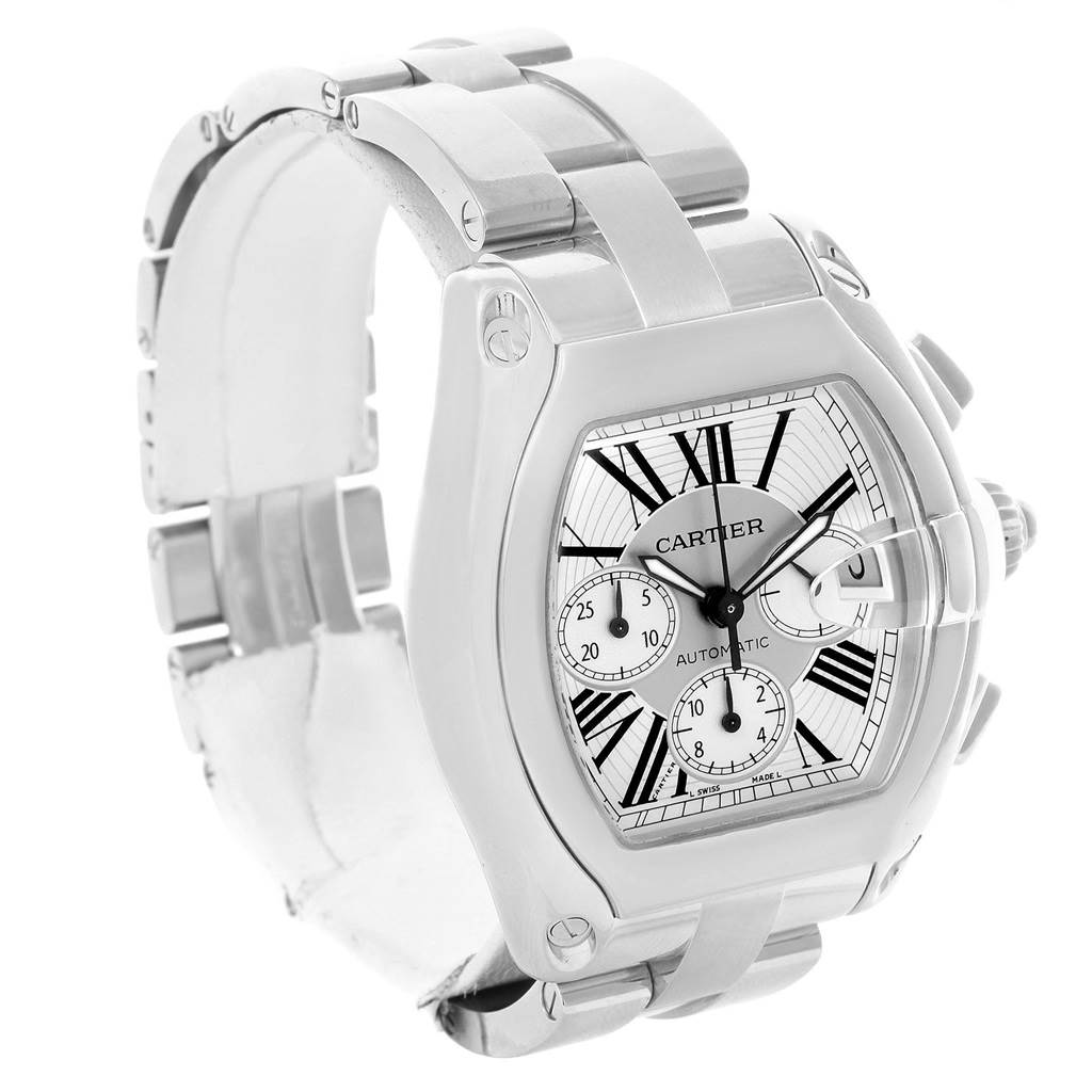The Cartier Roadster W62019X6 Men
s Stainless Steel Silver Dial W62019X6 Men
s Stainless Steel Silver Dial watch is shown from a three-quarter angle, highlighting the dial, bracelet, and crown.