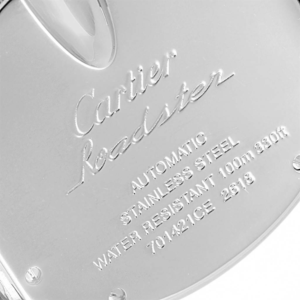 This image shows the back case of a Cartier Roadster W62019X6 Men
s Stainless Steel Silver Dial W62019X6 Men
s Stainless Steel Silver Dial watch, displaying its branding and specifications.