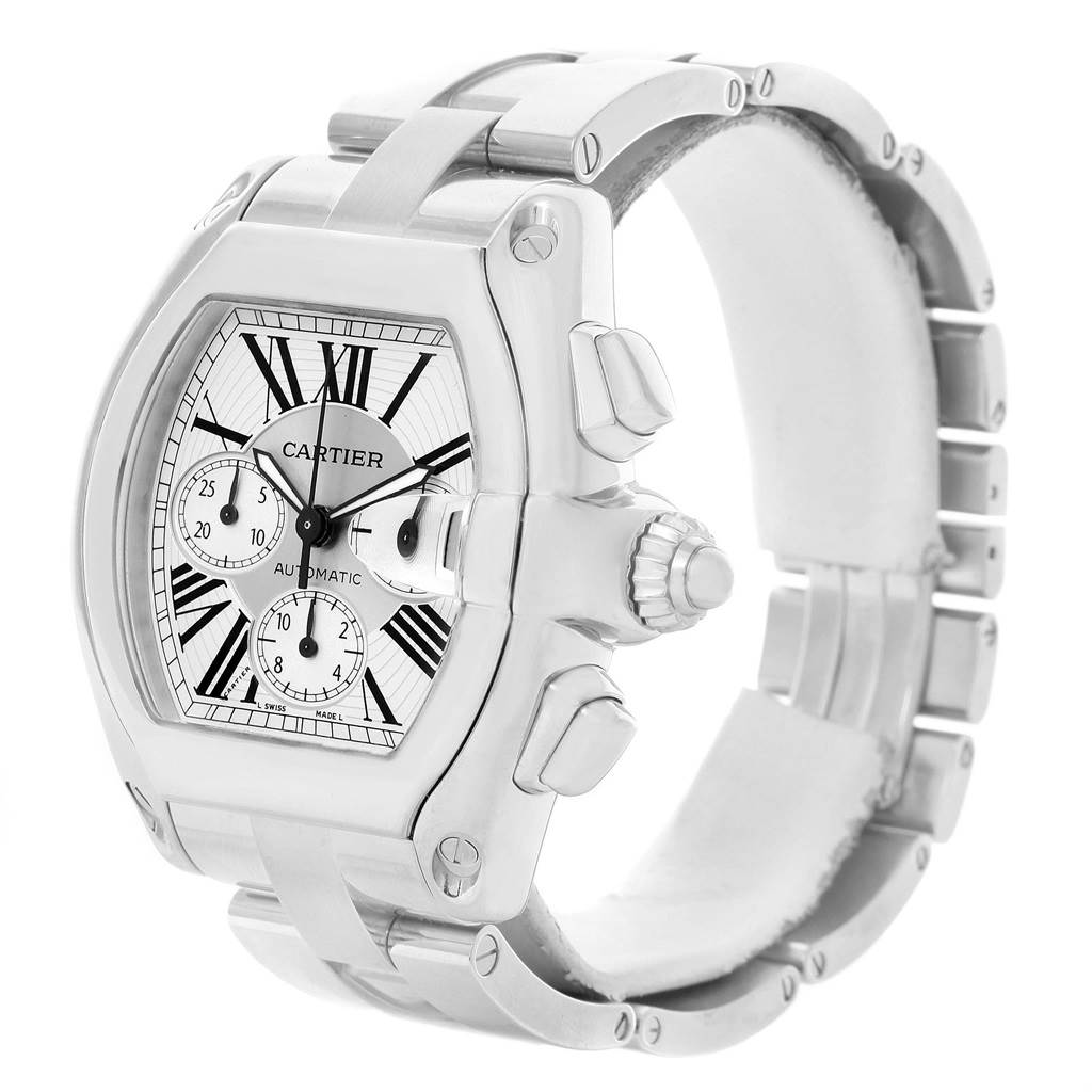 The image shows a side angle of the Cartier Roadster W62019X6 Men
s Stainless Steel Silver Dial W62019X6 Men
s Stainless Steel Silver Dial watch, highlighting its face, bezel, crown, and bracelet.