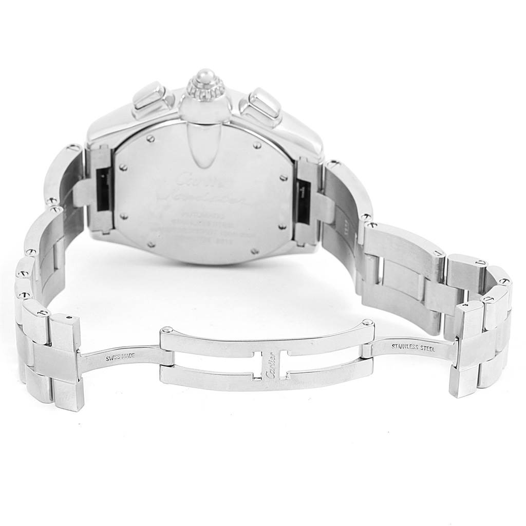 The image shows the back and bracelet of a Cartier Roadster W62019X6 Men
s Stainless Steel Silver Dial W62019X6 Men
s Stainless Steel Silver Dial watch, focusing on the clasp and case back.
