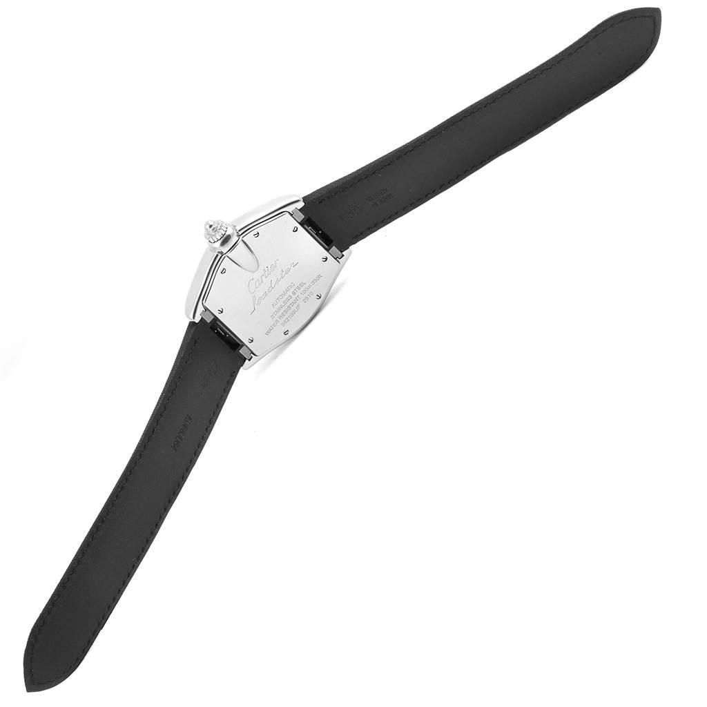 The Cartier Roadster W62025V3 Men
s Stainless Steel Silver Dial W62025V3 Men
s Stainless Steel Silver Dial watch is shown from the back, displaying the case back and part of the leather strap.