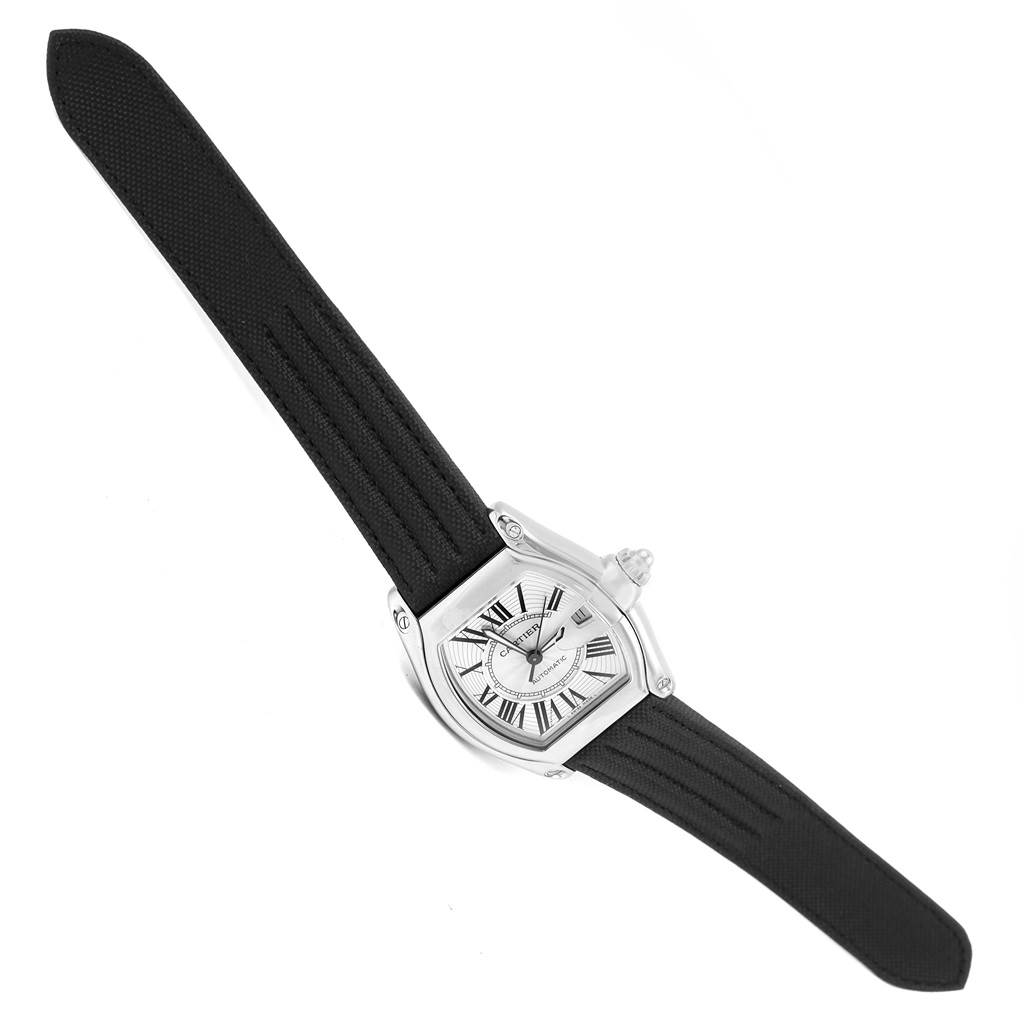 The Cartier Roadster W62025V3 Men
s Stainless Steel Silver Dial W62025V3 Men
s Stainless Steel Silver Dial watch is displayed flat, showing its face, case, crown, and strap in full view from an overhead angle.