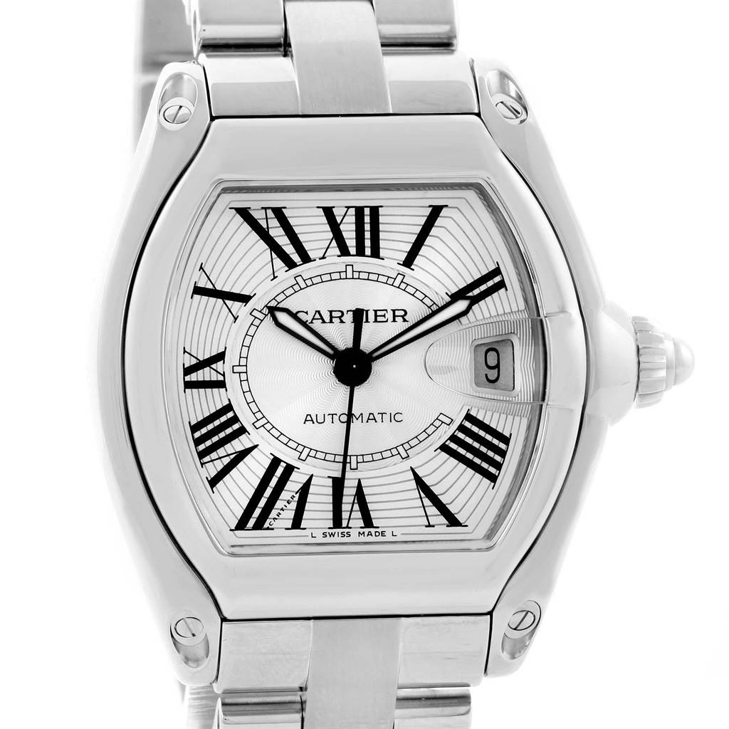 The image displays a front view of the Cartier Roadster W62025V3 Men
s Stainless Steel Silver Dial W62025V3 Men
s Stainless Steel Silver Dial watch, showing its face, bezel, and partial bracelet.