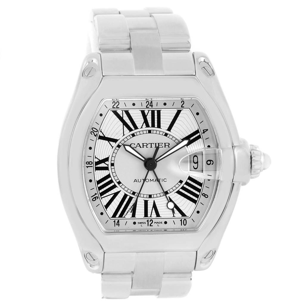 The Cartier Roadster W62032X6 Men's Stainless Steel Silver Dial W62032X6 Men's Stainless Steel Silver Dial watch is shown from a front angle, highlighting its dial, hands, case, and bracelet.