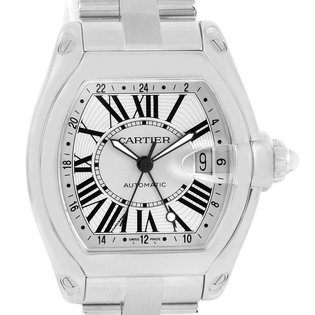 The image shows a front view of the Cartier Roadster W62032X6 Men's Stainless Steel Silver Dial W62032X6 Men's Stainless Steel Silver Dial watch, displaying the dial, hands, date window, and part of the bracelet.