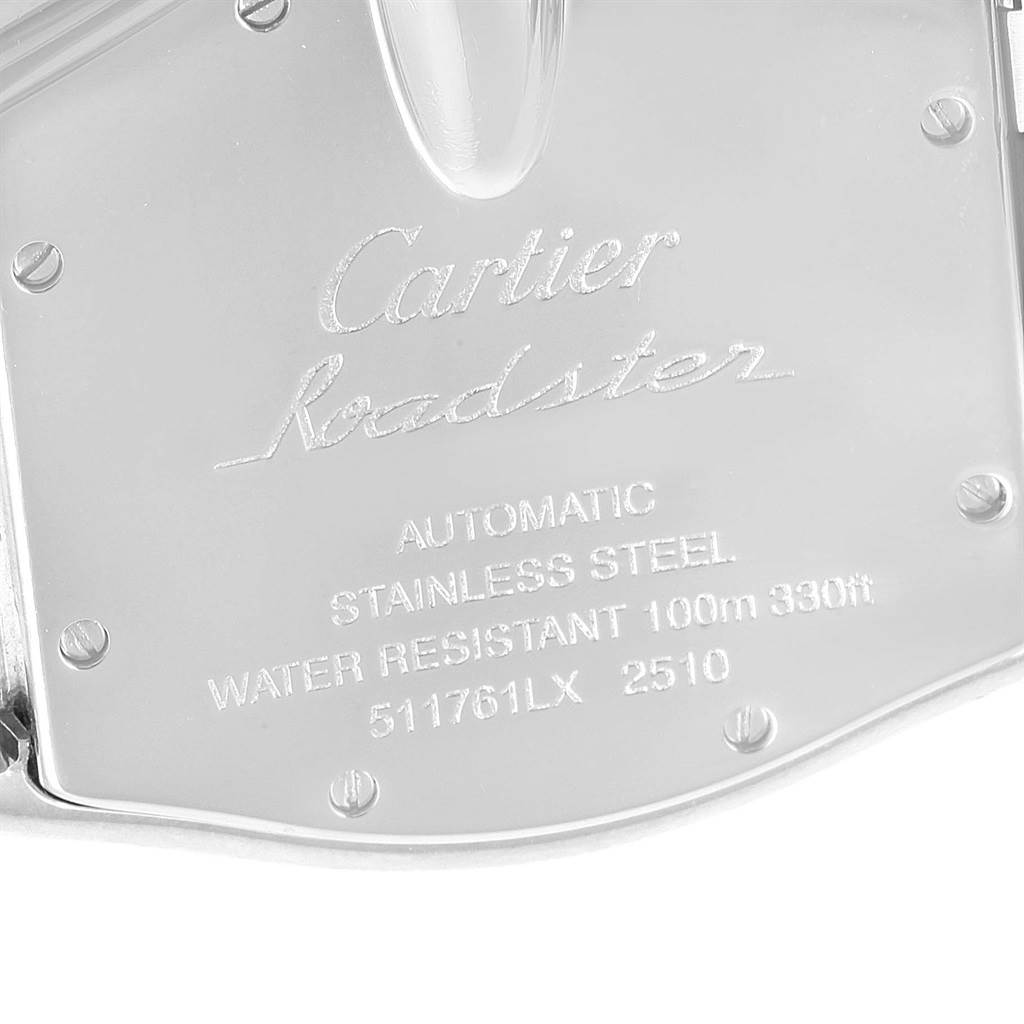The image shows the back case of the Cartier Roadster W62025V3 Men
s Stainless Steel Silver Dial W62025V3 Men
s Stainless Steel Silver Dial watch, highlighting its specifications.