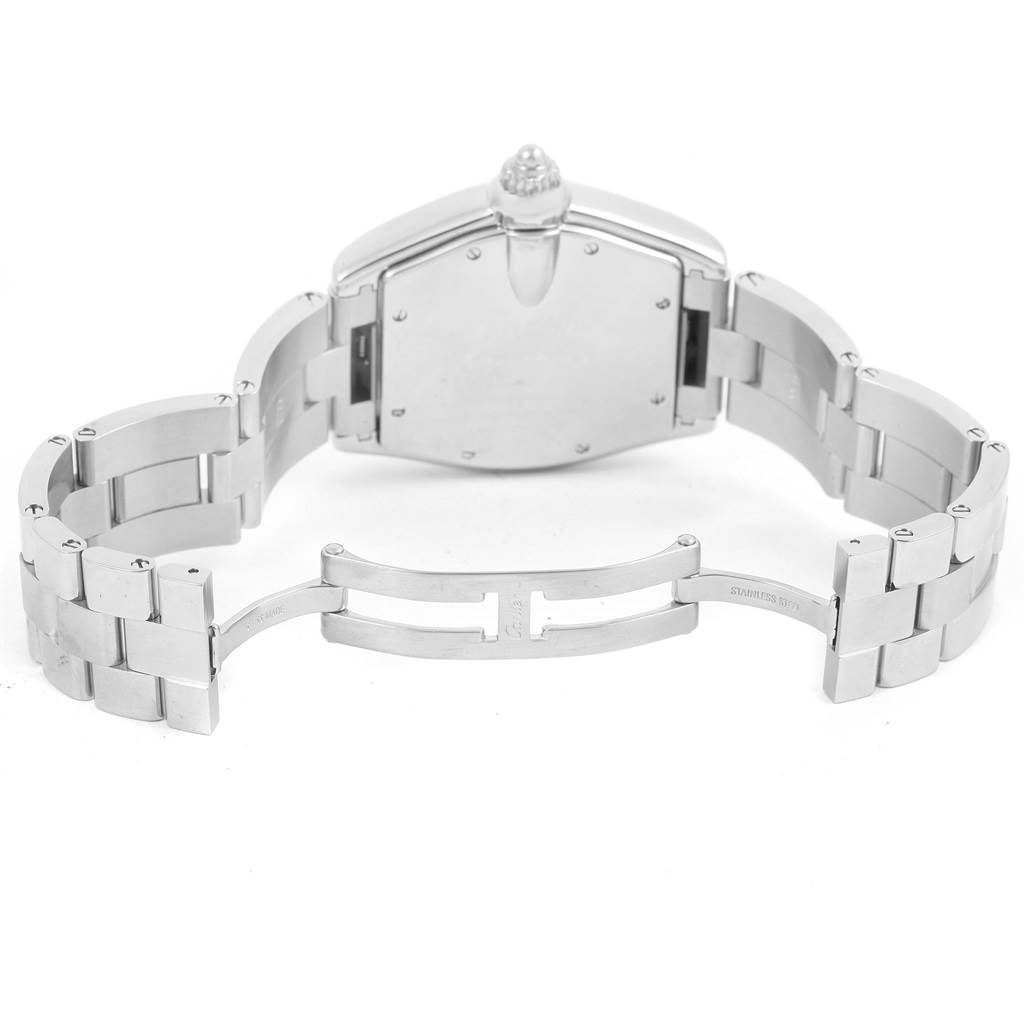 The image shows the back of a Cartier Roadster W62025V3 Men
s Stainless Steel Silver Dial W62025V3 Men
s Stainless Steel Silver Dial watch, captured from an angle emphasizing its stainless steel bracelet and clasp.