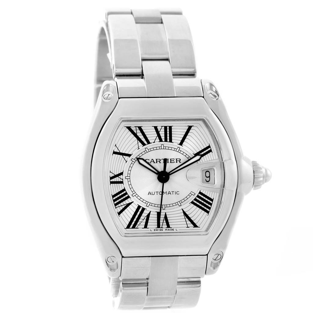 This is a frontal view of the Cartier Roadster W62025V3 Men
s Stainless Steel Silver Dial W62025V3 Men
s Stainless Steel Silver Dial watch showing the dial, bezel, and bracelet.