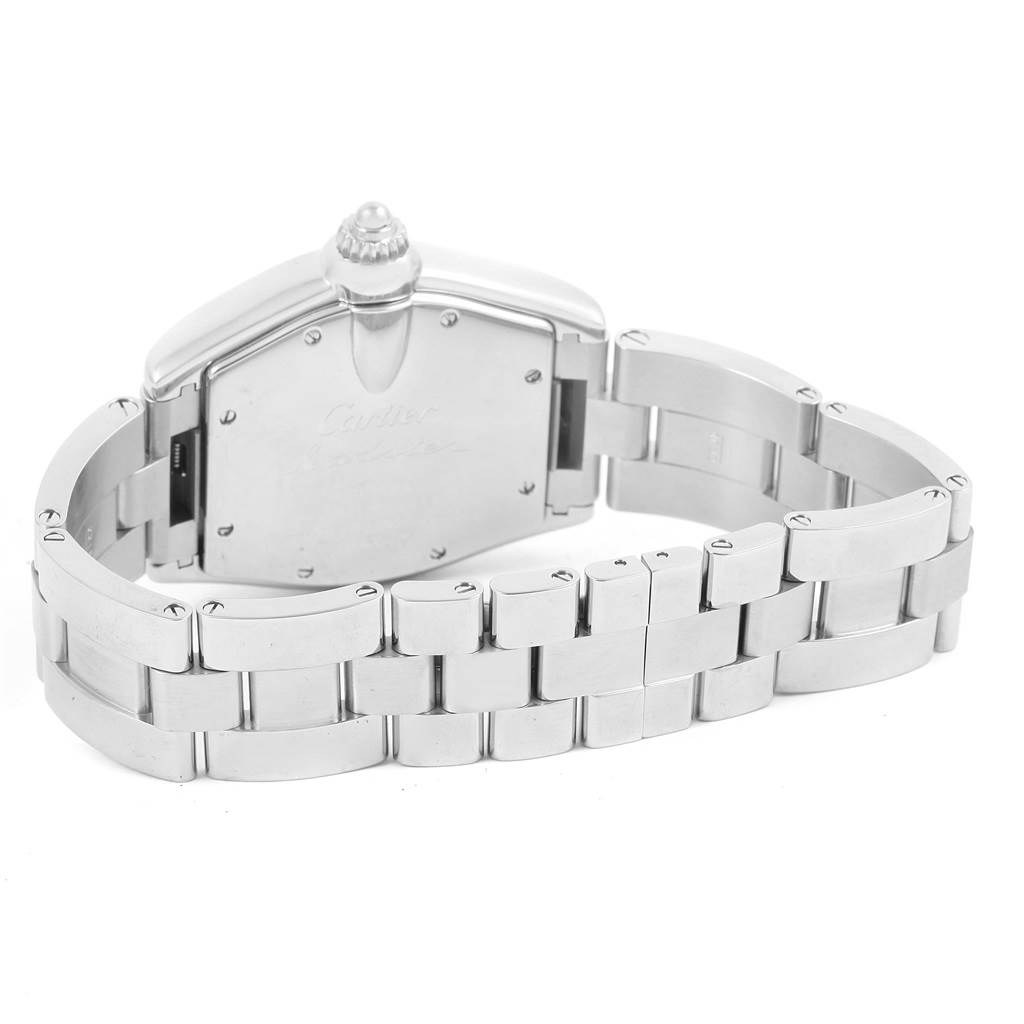The image shows the back case and bracelet of the Cartier Roadster W62025V3 Men
s Stainless Steel Silver Dial W62025V3 Men
s Stainless Steel Silver Dial watch.