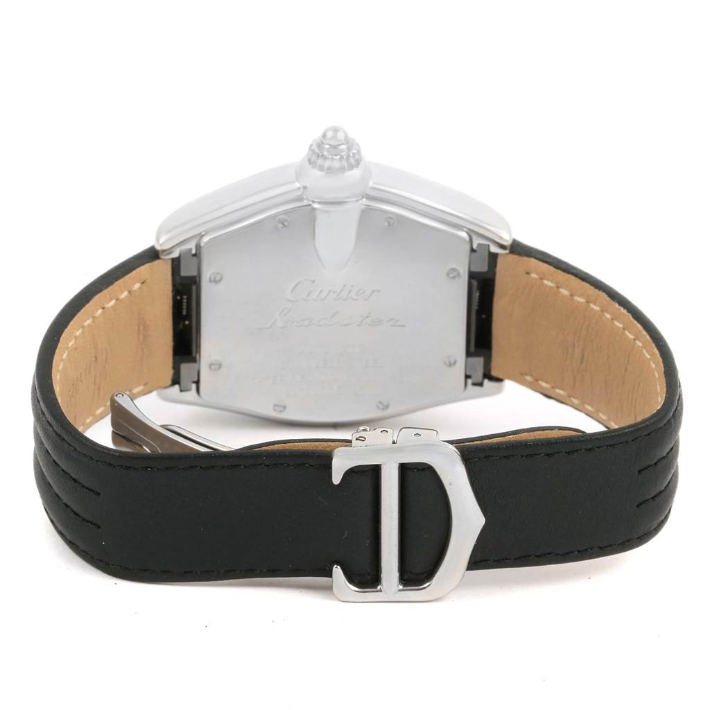 The image shows the back, clasp, and leather strap of a Cartier Roadster W62025V3 Men
s Stainless Steel Silver Dial W62025V3 Men
s Stainless Steel Silver Dial watch.