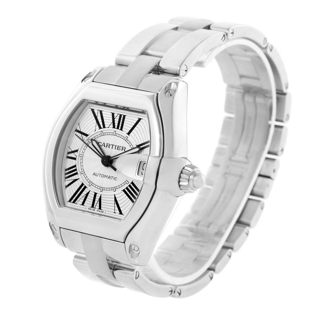 The image shows a Cartier Roadster W62025V3 Men
s Stainless Steel Silver Dial W62025V3 Men
s Stainless Steel Silver Dial watch angled from the front-left, detailing the dial, case, and part of the bracelet.