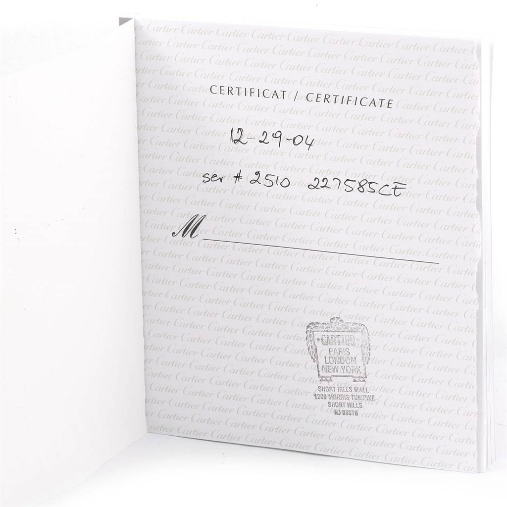 The image shows a certificate for the Cartier Roadster W62025V3 Men
s Stainless Steel Silver Dial W62025V3 Men
s Stainless Steel Silver Dial model watch, displaying the serial number and a date.