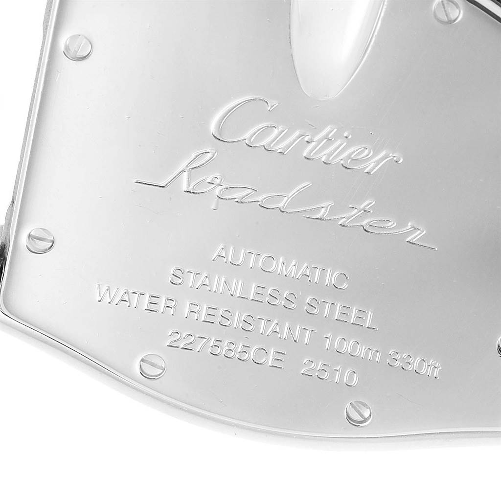 The image shows a close-up of the back case of a Cartier Roadster W62025V3 Men
s Stainless Steel Silver Dial W62025V3 Men
s Stainless Steel Silver Dial watch, highlighting the engraved details.