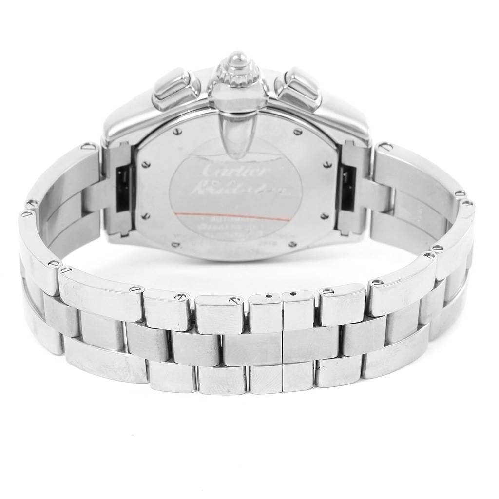 The image shows the back view of a Cartier Roadster W62020X6 Men
s Stainless Steel Black Dial W62020X6 Men
s Stainless Steel Black Dial watch, highlighting the bracelet and case back.