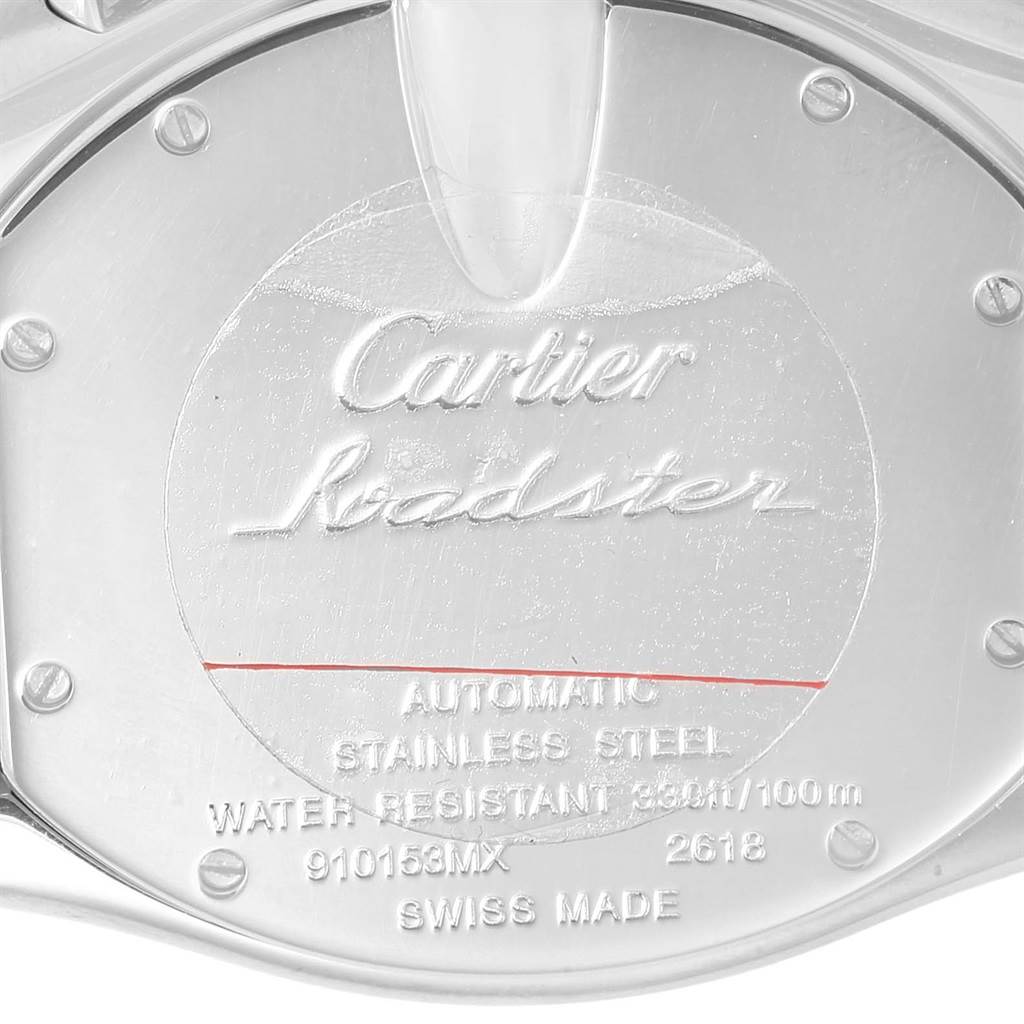 The image shows the case back of the Cartier Roadster W62020X6 Men
s Stainless Steel Black Dial W62020X6 Men
s Stainless Steel Black Dial watch, highlighting the engraved brand, model, and specifications.