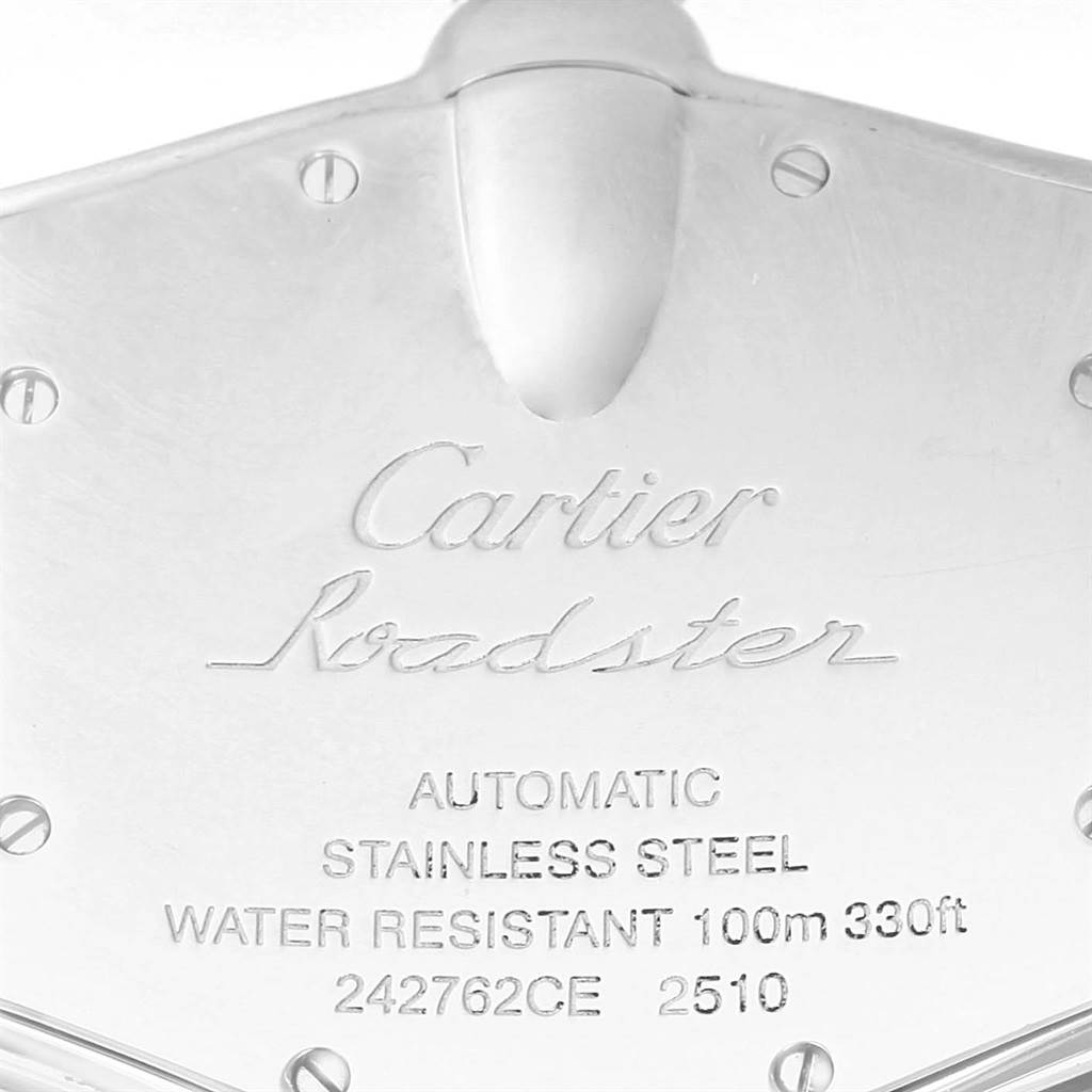 The image shows the back case of a Cartier Roadster W62041V3 Men's Stainless Steel Black Dial W62041V3 Men's Stainless Steel Black Dial watch, displaying various inscriptions and specifications.