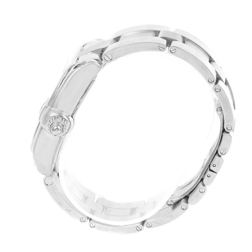 The image shows a side view of the Cartier Roadster W62041V3 Men's Stainless Steel Black Dial W62041V3 Men's Stainless Steel Black Dial watch focusing on its metal bracelet and crown.